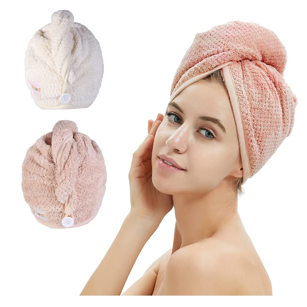Toalla de microfibra para cabello pack de 2 para secado suave color Rosado y Beige